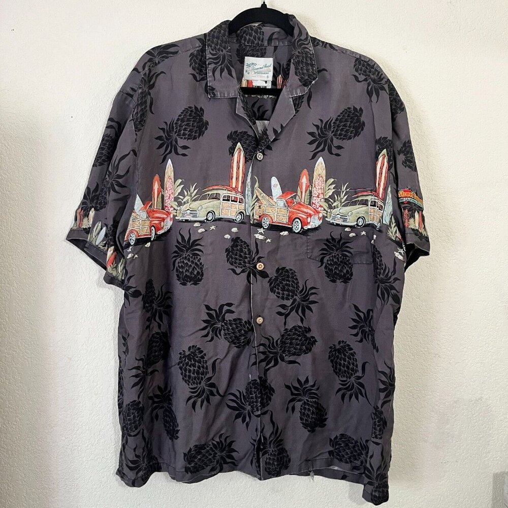 Diamond Head Men's Gray Hawaiian Surfboard Woody Wagon Car Button Down Shirt